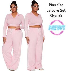 Ultra Comfy Plus Size 3X Loose Fit Sweatpants & Crop Top SET Pink White Stripe